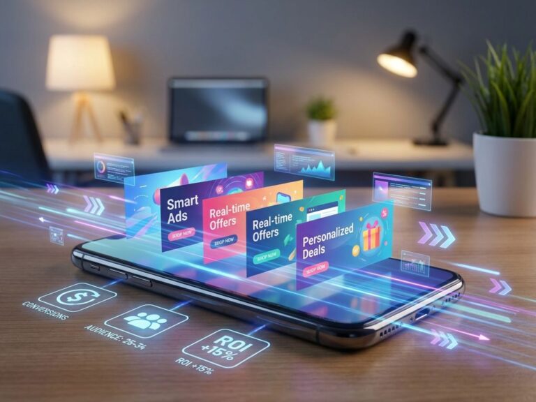 Smartphone zeigt bunte Werbebanner mit digitalen Datenströmen und Marketing-Symbolen in modernem Büro