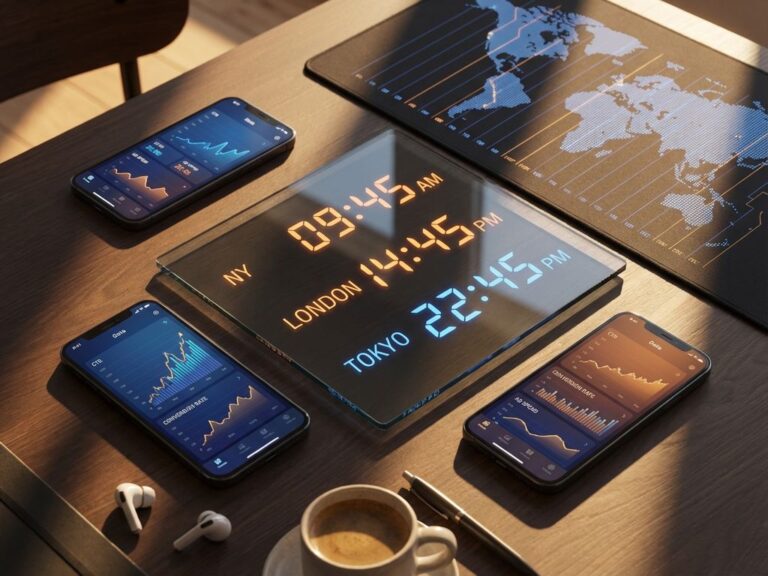 Moderner Arbeitsplatz mit Weltzeituhr, Smartphone-Displays mit Werbeanalysen und Weltkarte im warmen Licht