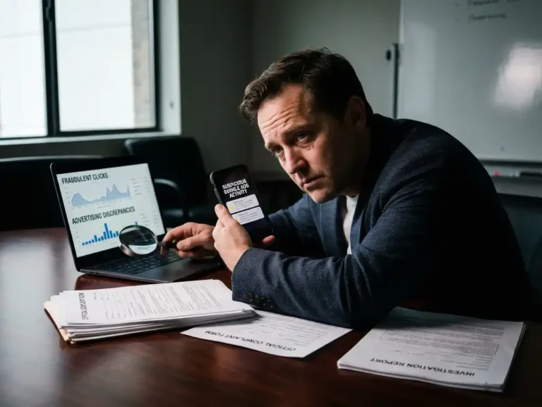 Gestresster Immobilienmakler zeigt auf Laptop mit betrügerischen Google Ads-Metriken, Smartphone und Beschwerden auf Schreibtisch