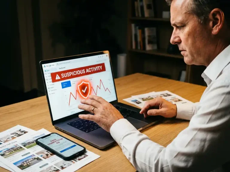 Immobilienmakler analysiert verdächtige Google Ads-Klickmuster auf Laptop-Bildschirm mit Sicherheitswarnung im Büro