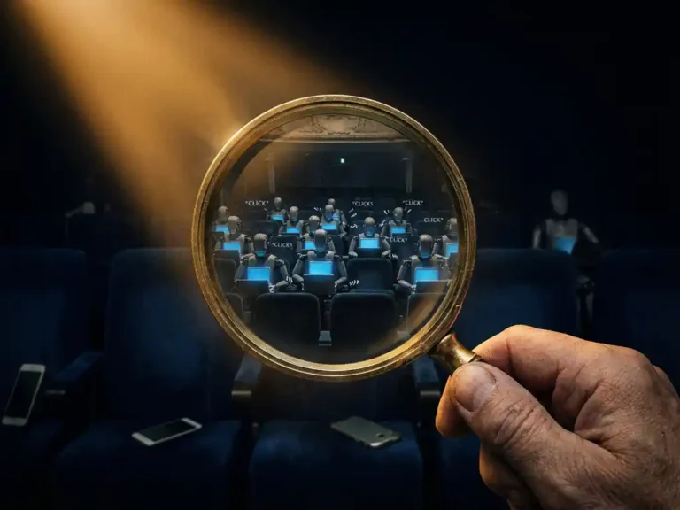 Lupe enthüllt leere Theatersitze und synchronisierte Bots mit Smartphones in dunklem Auditorium, dramatische Beleuchtung deckt digitalen Anzeigenbetrug auf