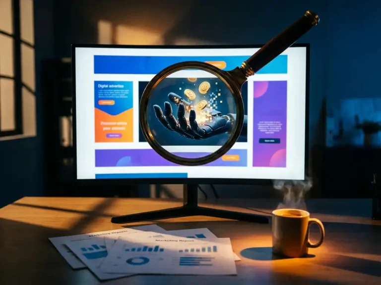 Lupe über Computerbildschirm mit Werbebannern enthüllt Roboterhände, die goldene Münzen stehlen, Büroschreibtisch mit Marketingberichten