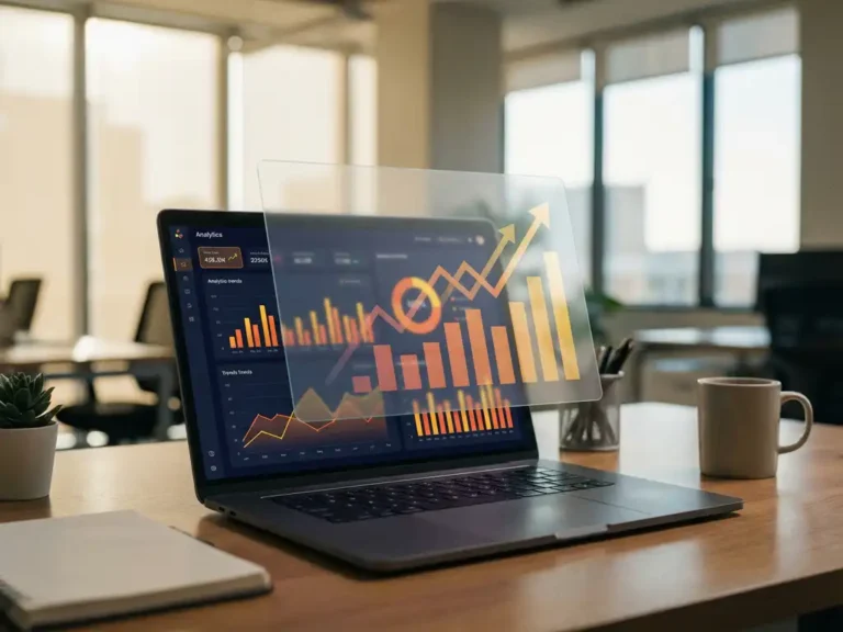 Laptop mit bunten Analytics-Diagrammen auf modernem Bürotisch, teilweise von Glasscheibe verdeckt, warmes Tageslicht