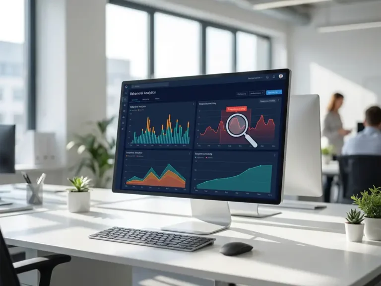 Computer-Monitor zeigt bunte Verhaltensanalyse-Diagramme mit Lupe über verdächtigen roten Klickmustern auf weißem Schreibtisch