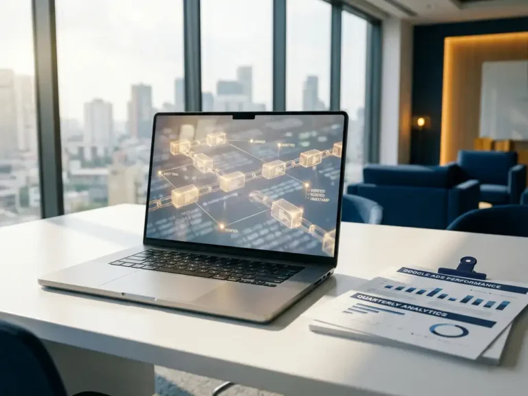 Moderner Laptop zeigt transparente Blockchain-Ledger mit vernetzten Datenblöcken neben Google Ads Berichten auf weißem Schreibtisch