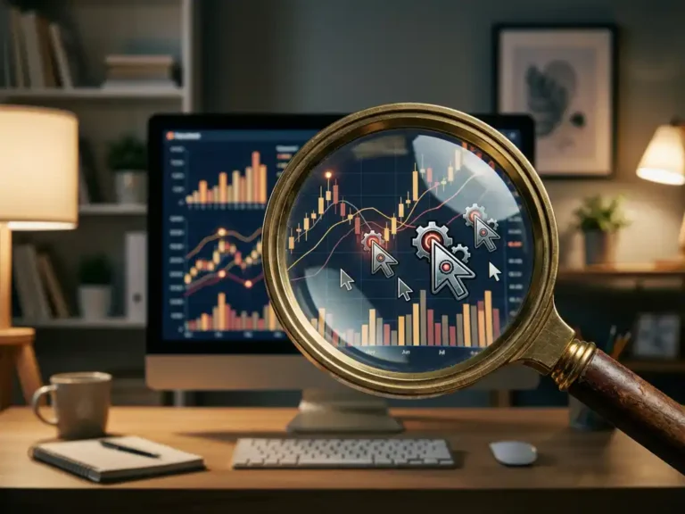 Lupe über Computerbildschirm mit bunten Werbeanalytik-Diagrammen zeigt versteckte Roboter-Cursor zwischen echten Klickmustern