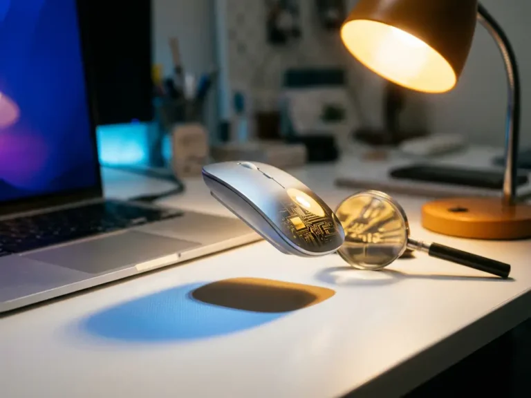 Computermaus schwebt über Laptop-Tastatur mit zwei Schatten auf weißem Schreibtisch, Lupe zeigt Schaltkreismuster