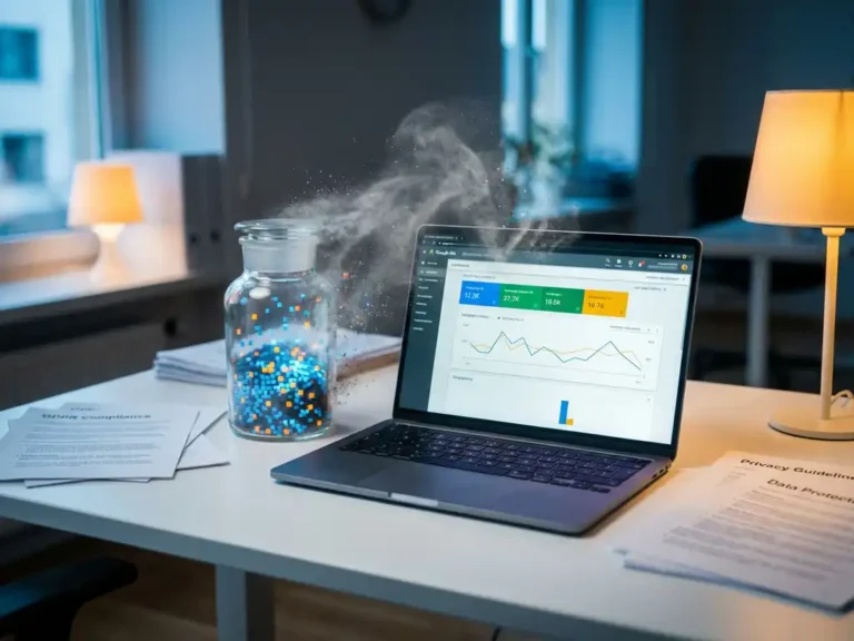 Laptop mit Google Ads Dashboard neben Keksglas mit sich auflösenden digitalen Tracking-Pixeln und DSGVO-Dokumenten auf weißem Schreibtisch