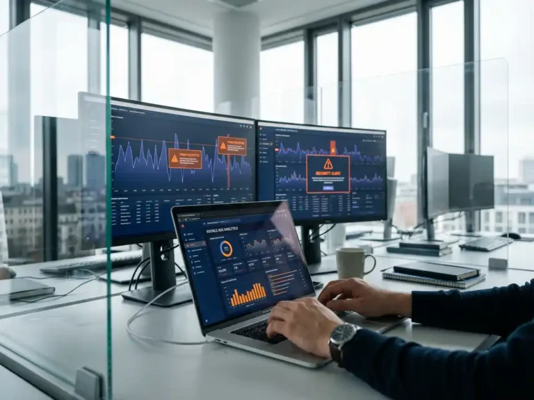 Sicherheitsanalyst tippt auf Laptop mit Google Ads Dashboard, mehrere Monitore zeigen Bedrohungserkennung in modernem deutschen Büro