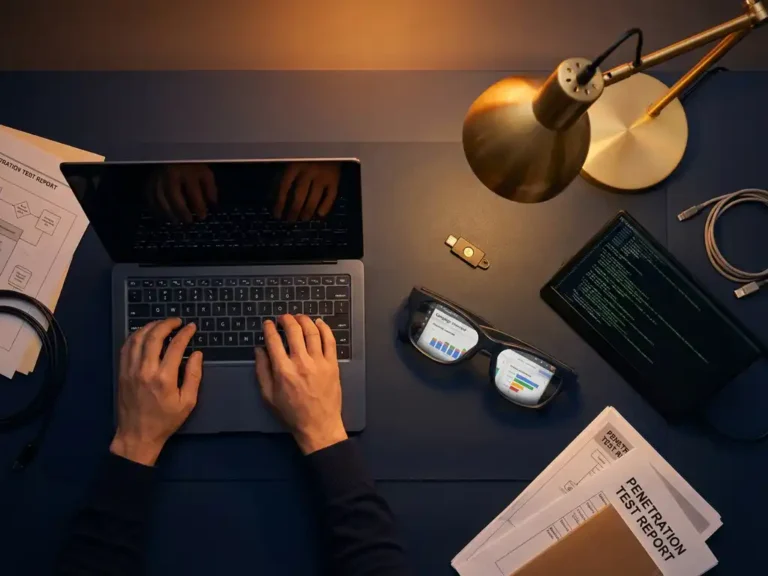 Cybersecurity-Experte tippt auf schwarzem Laptop mit Google Ads-Kampagnen auf Bildschirm, umgeben von Sicherheitstools und Dokumentation