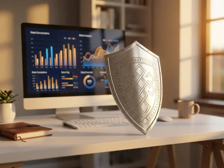 Silberner Schild mit geometrischen Mustern vor leuchtender Computeranzeige mit bunten Werbeanalyse-Diagrammen auf weißem Bürotisch