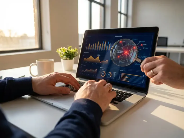 Cybersecurity-Analyst untersucht verdächtige Klickmuster auf Laptop-Bildschirm mit Lupe in modernem Büro