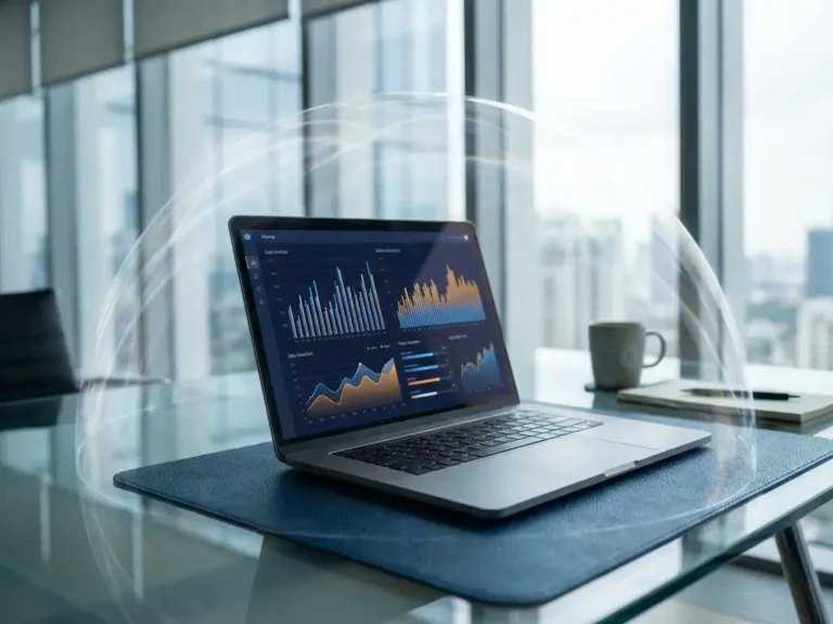 Laptop mit Datenanalyse-Diagrammen auf Glastisch in modernem Büro mit bodentiefen Fenstern und Tageslicht