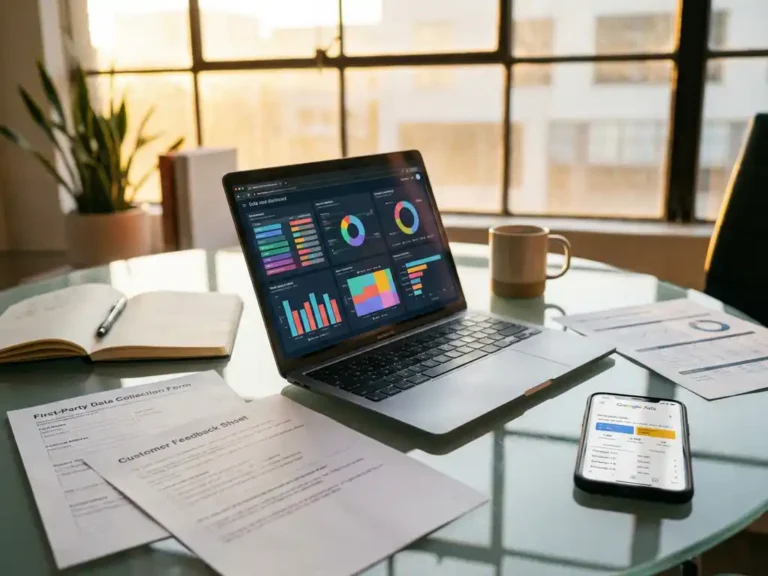 Laptop mit bunten Datenanalyse-Diagrammen auf Glastisch, umgeben von Kundenfeedback-Formularen und Smartphone mit Google Ads Interface
