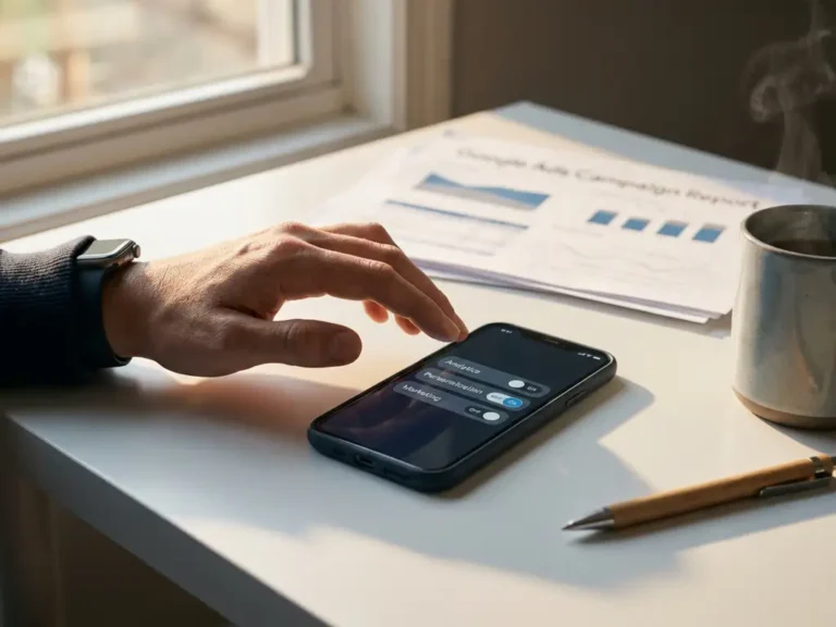 Hand über Smartphone mit Datenschutz-Einstellungen auf weißem Schreibtisch neben Google Ads Ausdrucken und Kaffeetasse