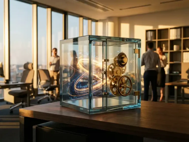 Transparenter Glassafe mit Messingschlössern und leuchtenden Datenströmen auf modernem Schreibtisch im deutschen Büro bei goldenem Licht