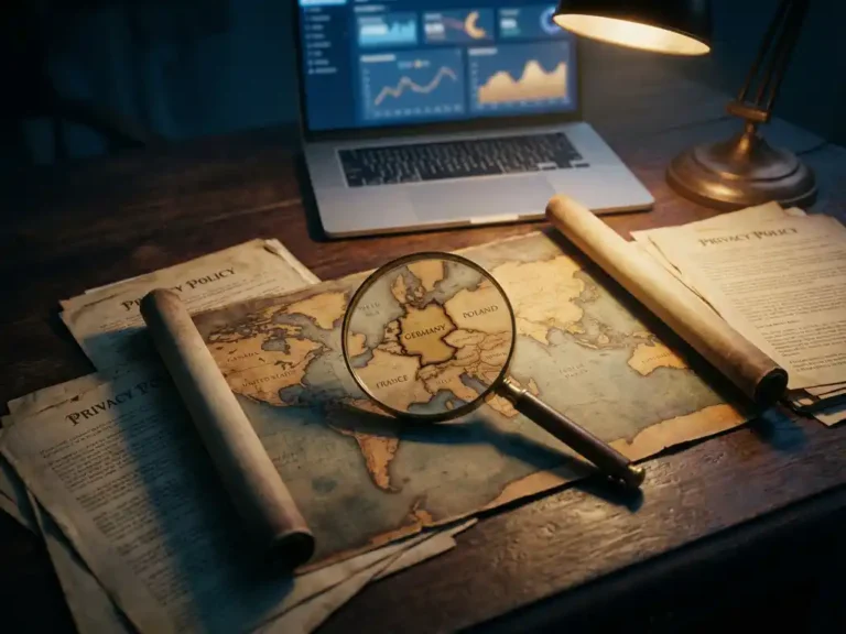 Vintage-Weltkarte auf Holzschreibtisch mit Lupe über Deutschland, Rechtsdokumente und Laptop mit Google Ads Interface im Hintergrund
