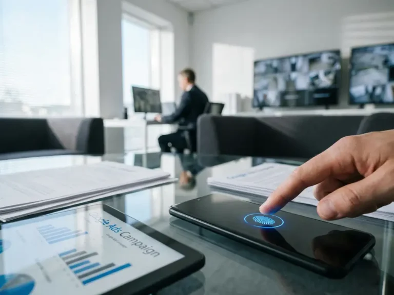 Smartphone mit leuchtender Fingerabdruck-Scanner-Oberfläche auf Glasschreibtisch neben Google Ads Kampagnen-Diagrammen in modernem Büro