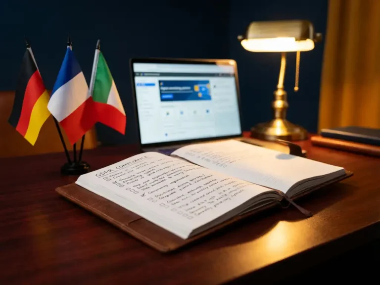 DSGVO-Compliance-Checkliste auf Mahagoni-Schreibtisch mit EU-Flaggen und Laptop im Hintergrund unter warmer Schreibtischlampe