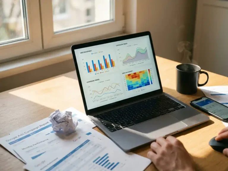 Laptop mit bunten Datenanalyse-Diagrammen umgeben von Google Ads Kampagnenberichten, Kaffeetasse und Smartphone auf weißem Schreibtisch