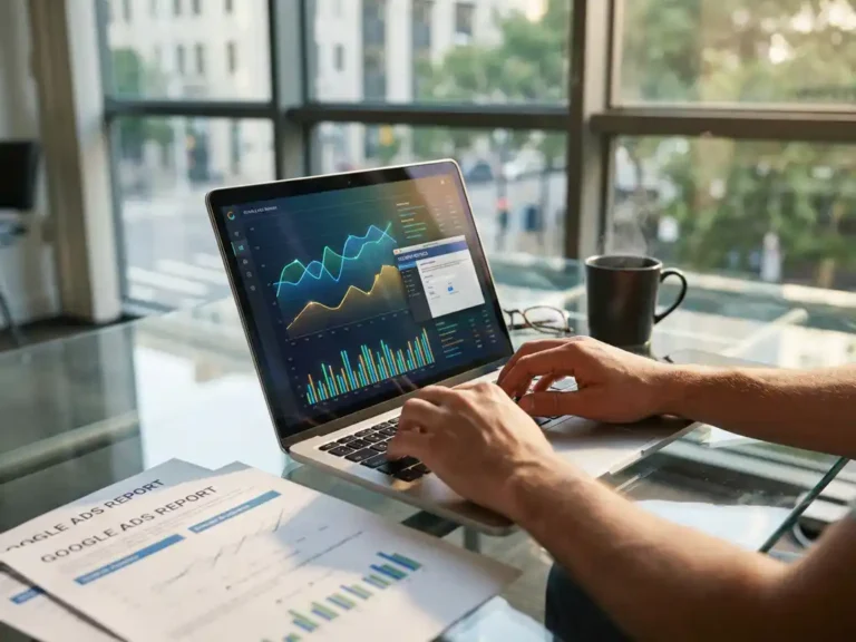 Laptop mit bunten Analytics-Diagrammen und Sicherheitsmetriken auf Glasschreibtisch in hellem Marketingbüro mit Google Ads-Berichten