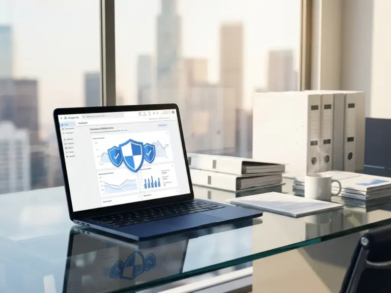 Laptop mit Google Ads Dashboard und automatisierten Compliance-Schildern auf modernem Glasschreibtisch mit Marketingunterlagen und Kaffeetasse