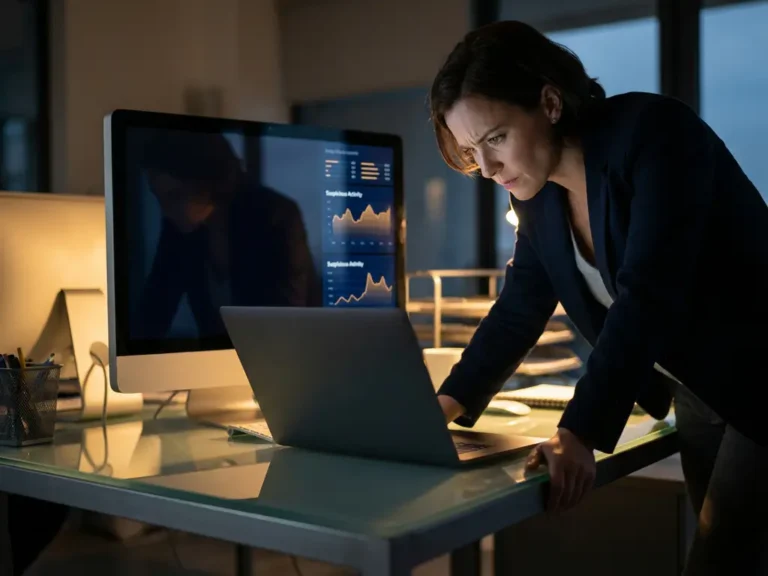 Marketing-Experte analysiert verdächtige Google Ads Aktivitäten auf Laptop-Bildschirm mit dramatischer Beleuchtung im Büro