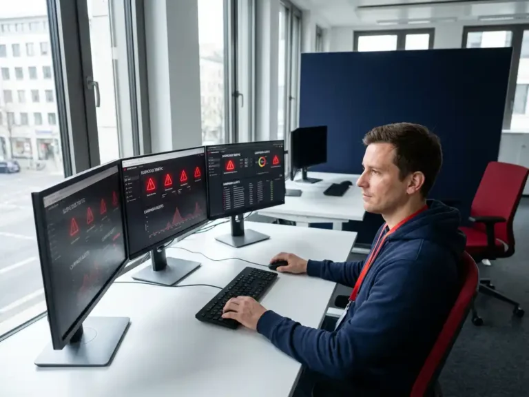 Sicherheitsanalyst überwacht mehrere Computerbildschirme mit Google Ads-Kampagnendaten und roten Warnhinweisen in modernem deutschen Technologiebüro