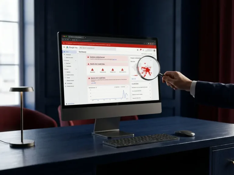 Computer-Monitor zeigt Google Ads Dashboard mit roten Warnmeldungen und Sicherheitsalarmen, Lupe untersucht verdächtige Klickmuster