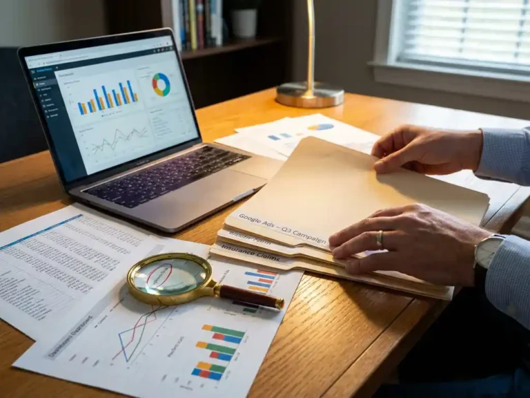 Immobilienmakler organisiert Google Ads-Dokumentation auf Holzschreibtisch mit Laptop, Analyseberichten und Lupe