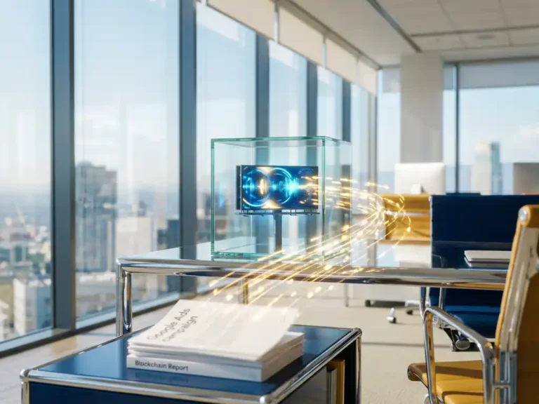 Gläserner Würfel mit digitaler Werbetafel auf Chromschreibtisch, goldene Blockchain-Verbindungen fließen zu Google Ads-Dokumenten
