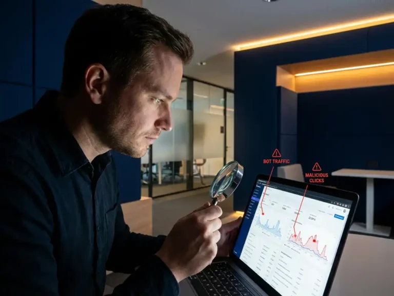 Cybersecurity-Experte analysiert Google Ads Dashboard mit Lupe, rote Warnhinweise zeigen Bot-Traffic und betrügerische Klicks