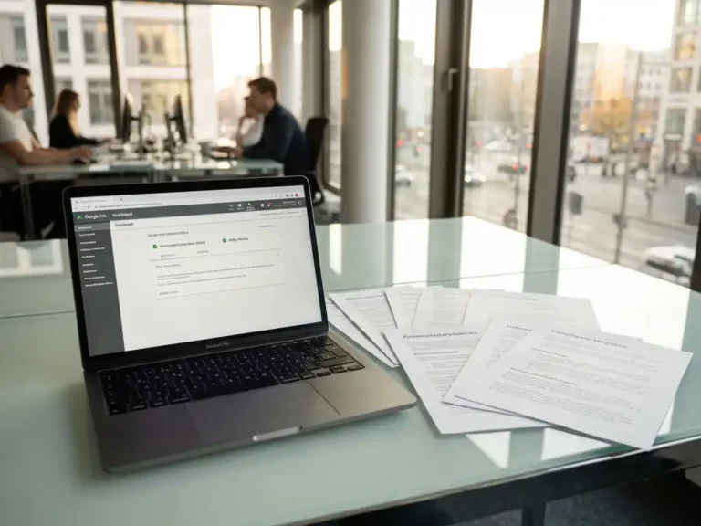 Laptop mit Google Ads Dashboard und grünen Compliance-Status-Indikatoren auf Glasschreibtisch in hellem Marketingbüro