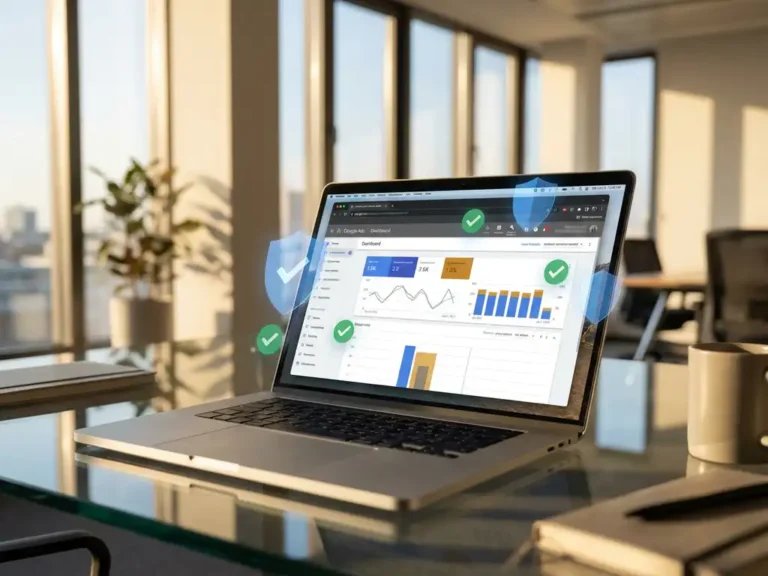 Laptop mit Google Ads Dashboard und Compliance-Symbolen auf Glasschreibtisch in hellem deutschen Büro