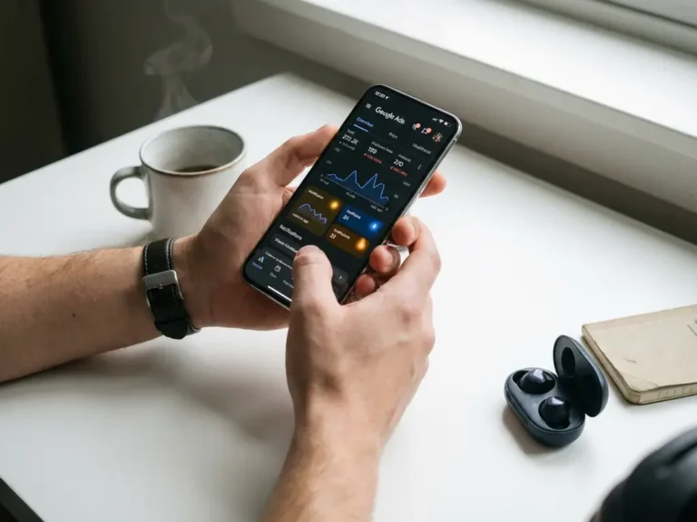 Smartphone mit Google Ads Dashboard in Händen über weißem Schreibtisch mit Kaffeetasse und kabellosen Kopfhörern