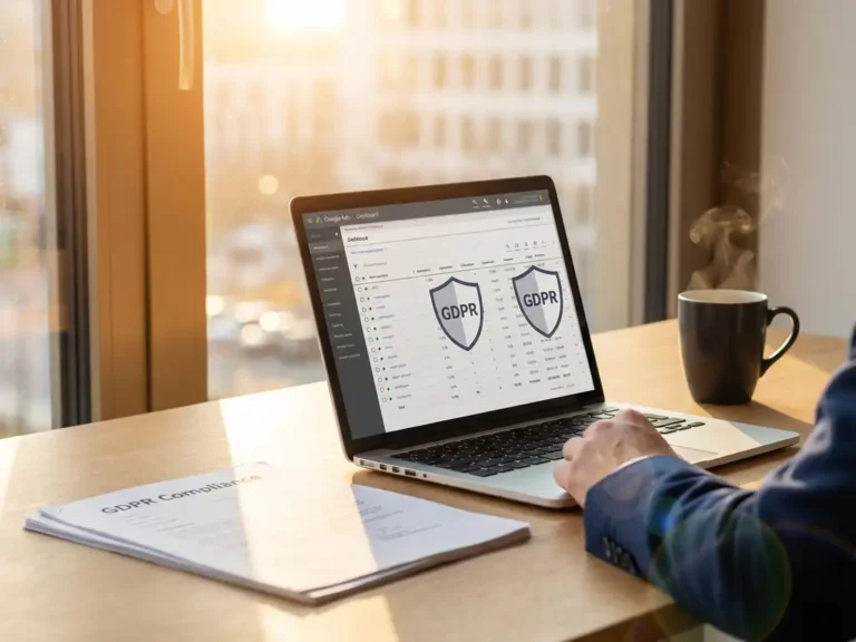 Laptop zeigt Google Ads Dashboard mit Datenschutz-Symbolen auf modernem Bürotisch neben DSGVO-Dokumenten und Kaffeetasse