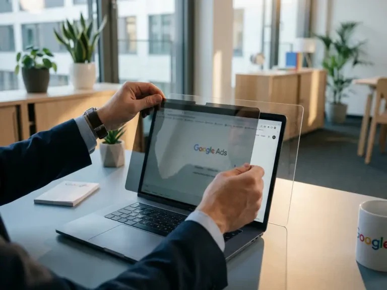 Geschäftsmann justiert Datenschutzeinstellungen im Google Ads Dashboard auf Laptop mit Schutzglas in modernem deutschen Büro