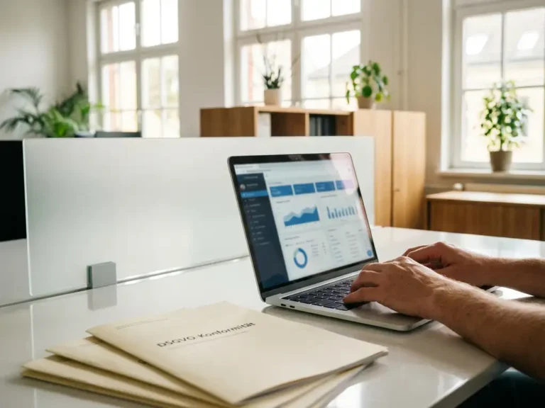 Laptop mit Google Ads Dashboard hinter Datenschutz-Glasschirm auf weißem Schreibtisch, DSGVO-Dokumente im Hintergrund