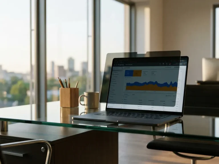 Laptop mit Google Ads Dashboard und transparentem Datenschutzschild auf Glasschreibtisch in modernem deutschen Büro