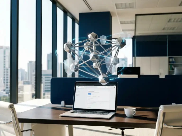 Vernetzte metallische Knoten mit blauen Datenströmen schweben über modernem Schreibtisch mit Laptop und Kaffeetasse im Büro