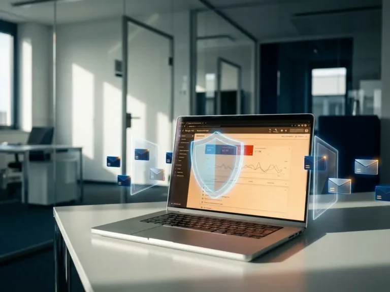 Laptop mit Google Ads Dashboard und digitalem Schutzschild über Kampagnendaten in modernem deutschen Büro