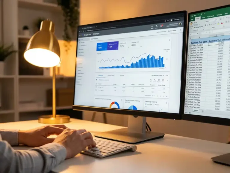 Marketingprofi tippt auf Tastatur vor Monitor mit Google Ads Interface und Datendiagrammen, zweiter Bildschirm zeigt Tabellendaten