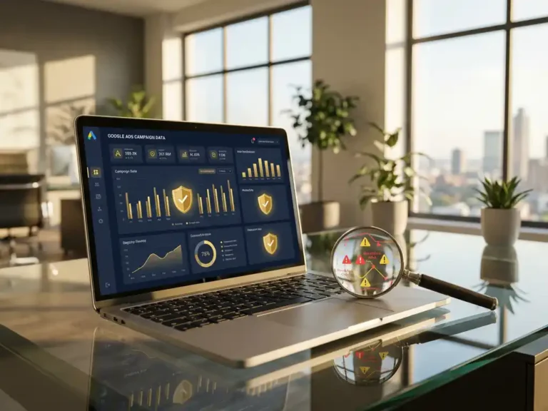 Laptop mit Google Ads Dashboard und Schutzschild-Symbolen auf Glasschreibtisch, Lupe zeigt betrügerische Klickmuster