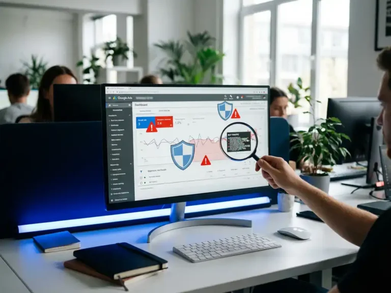 Google Ads Dashboard auf Monitor mit roten Warnmeldungen und Sicherheitssymbolen, Lupe zeigt Bot-Muster in Verkehrsanalysen