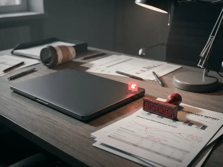 Geschlossener Laptop mit Warnung neben rotem "GESPERRT" Stempel und Google Ads Berichten auf Bürotisch