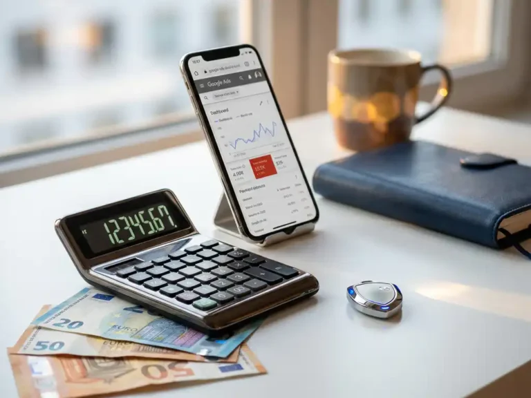 Taschenrechner mit grünen Zahlen, Smartphone mit Google Ads Dashboard und Euro-Banknoten auf weißem Schreibtisch