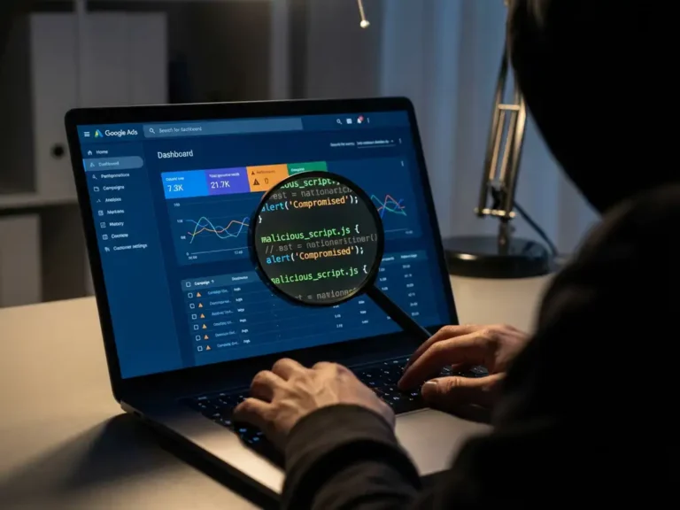 Laptop mit Google Ads Dashboard, Lupe enthüllt versteckten Schadcode unter Kampagnen-Metriken, dunkle Hände tippen auf Tastatur