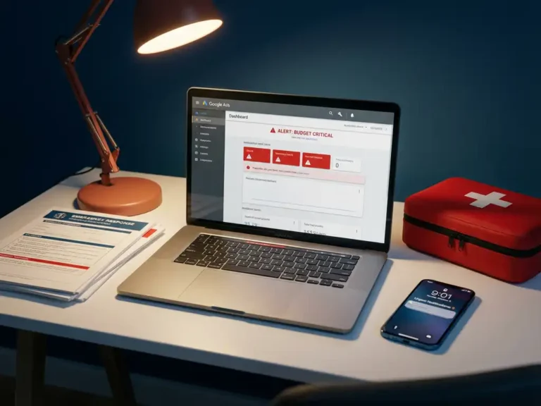 Laptop mit Google Ads Dashboard und Warnmeldungen auf weißem Schreibtisch neben rotem Notfallkit und Smartphone mit Benachrichtigungen