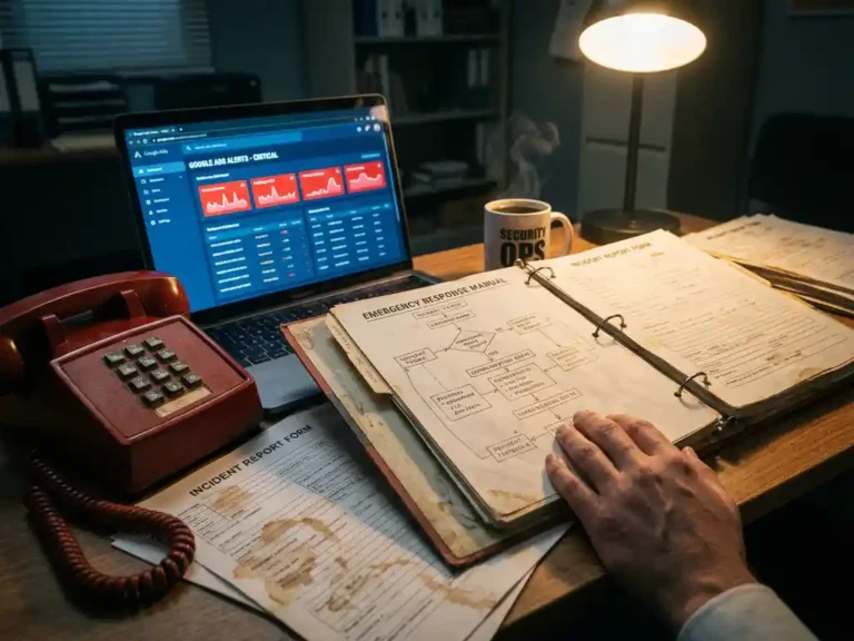 Sicherheitsspezialist-Arbeitsplatz mit Notfallhandbuch, rotem Telefon, Laptop mit Google Ads-Dashboard und Kaffeetasse