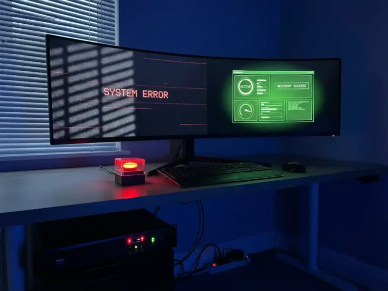 Computermonitor mit Google Ads Dashboard zeigt grüne Statusanzeigen nach Systemausfall, Notfall-Backup-Ausrüstung auf Bürotisch